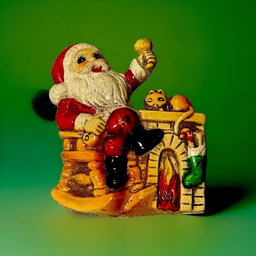 Vintage 1978 Plastic Santa Rocking Chair Fireplace Cat Bell Ornament 3.5”
